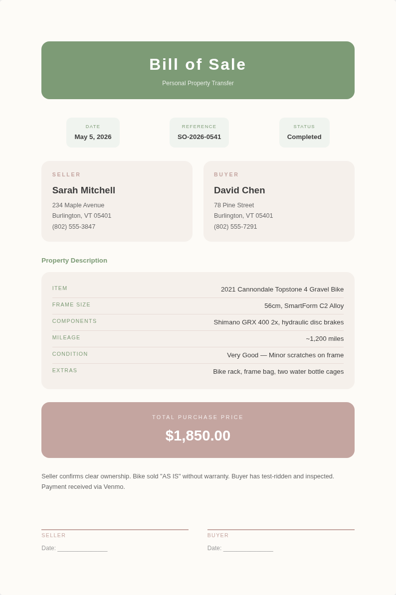 Soft Organic Bill Of Sale